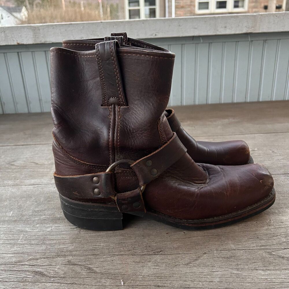 Vintage Frye Harness Boots Cognac Leather Motorcyle Square Toe - Womens 9/9.5